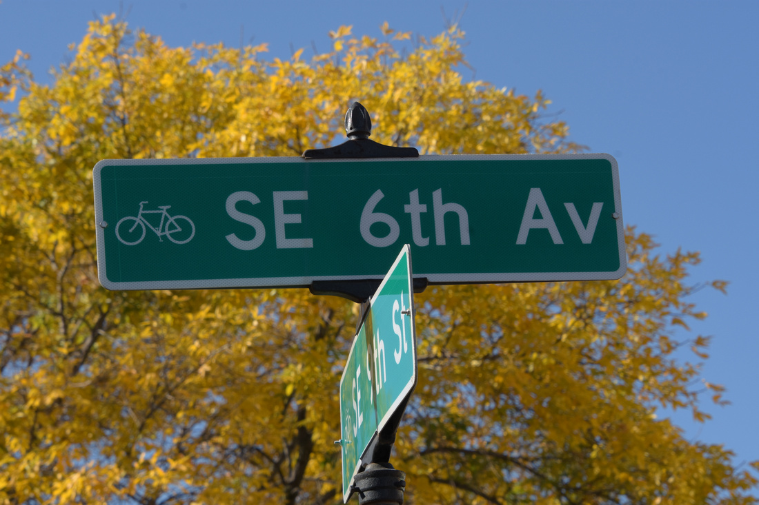 street signs for 6th Ave and 9th St in front of a tree with yellow leaves